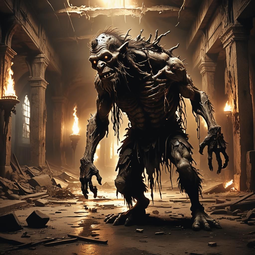 Dead Troll Zombie in Ruined Hallway