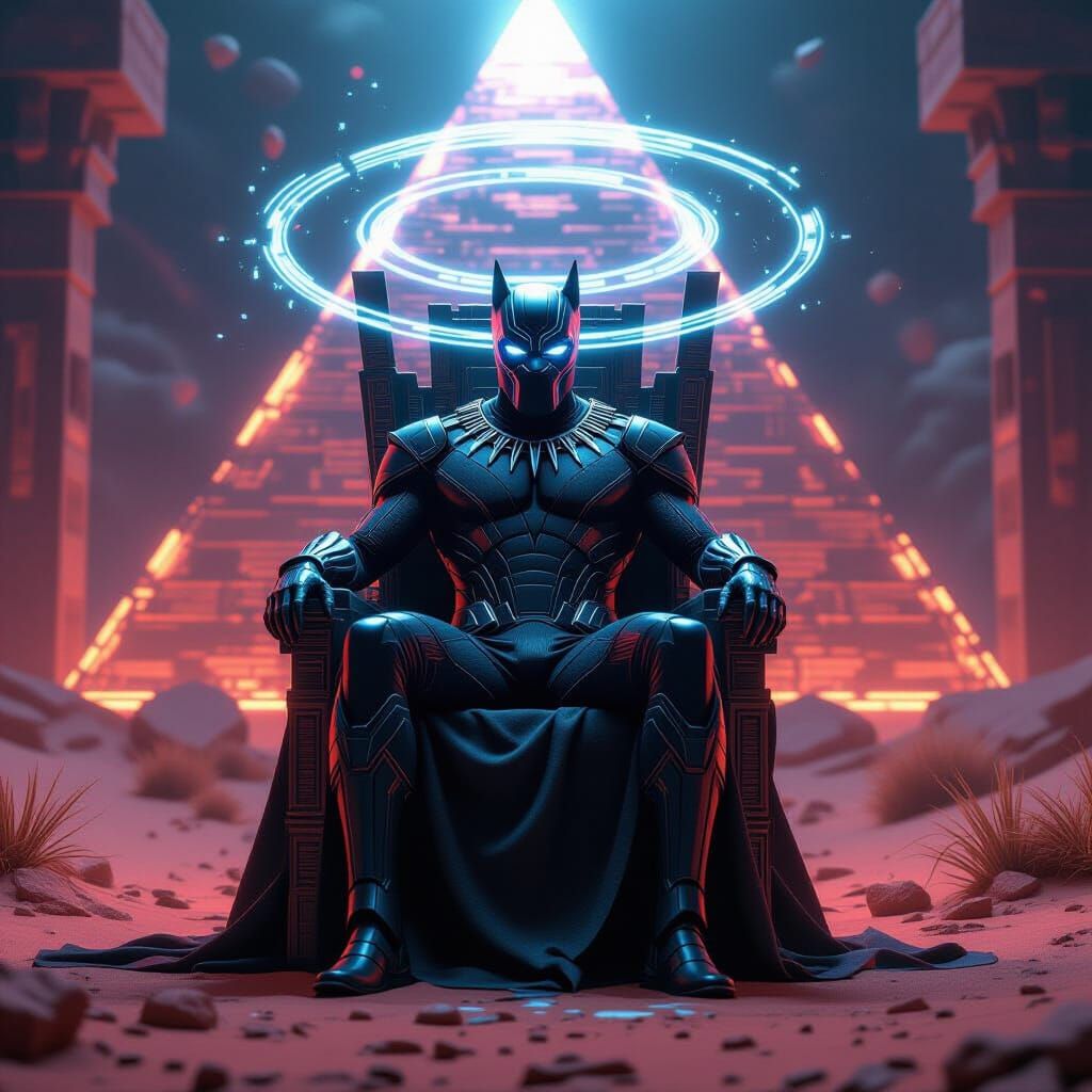 Cyberpunk Black Panther on Neon Pyramid Throne
