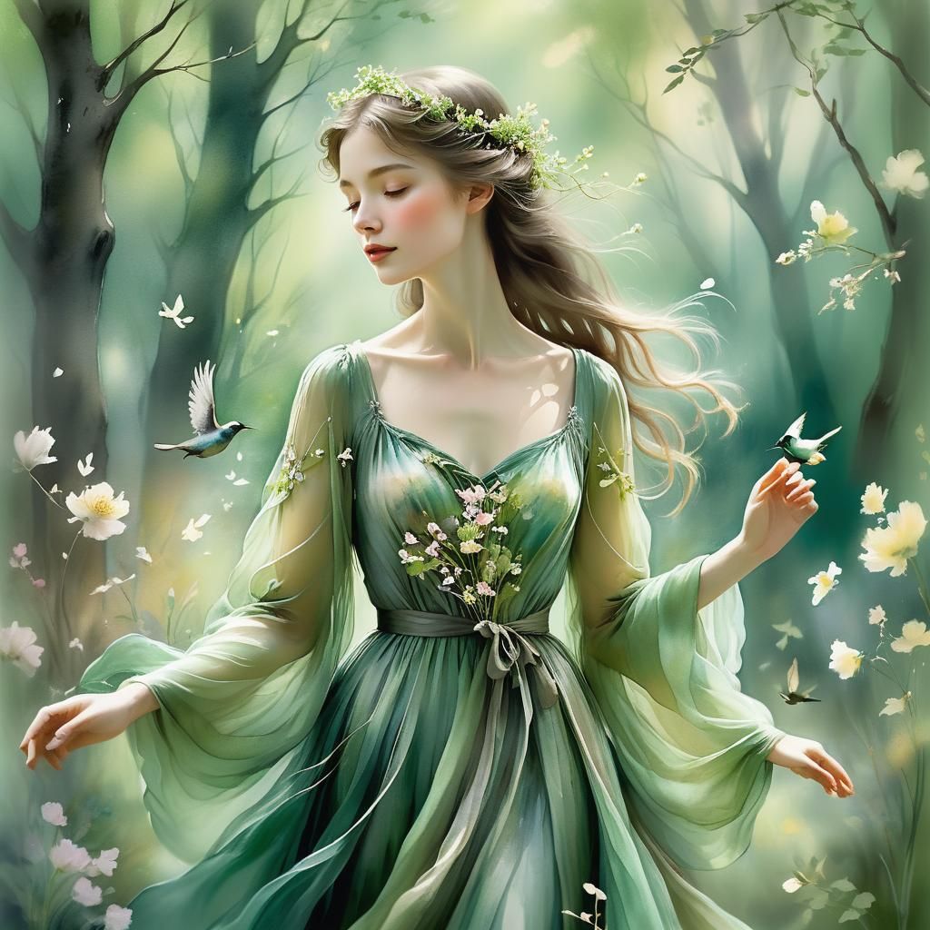 Ethereal Nature Spirit in Watercolor Style