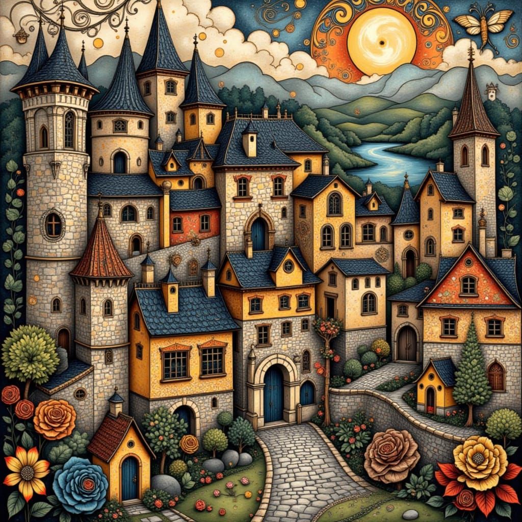 Medieval Village in Folk Art Nouveau Style