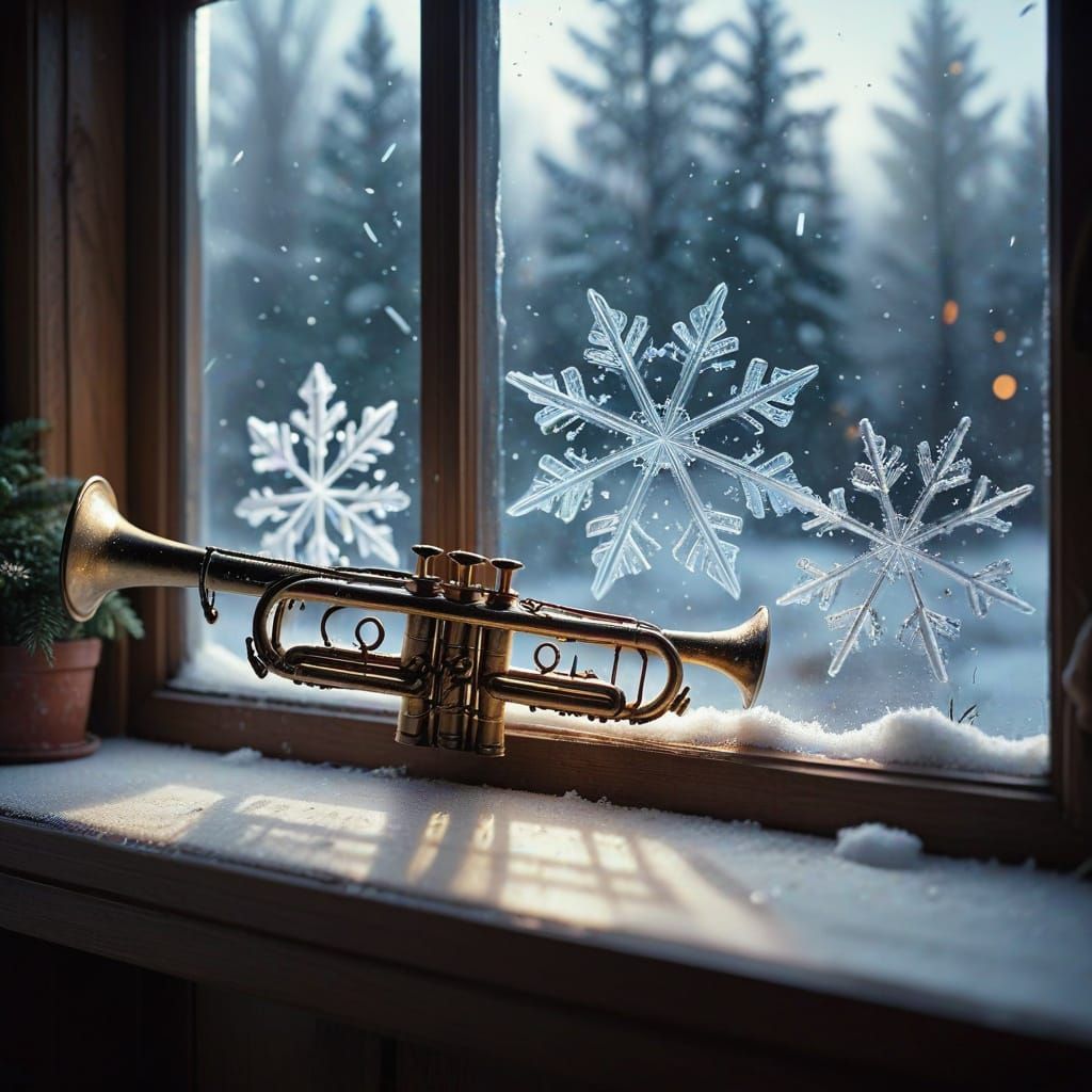 Musical Instrument Snowflakes on Windowsill in Photorealisti...