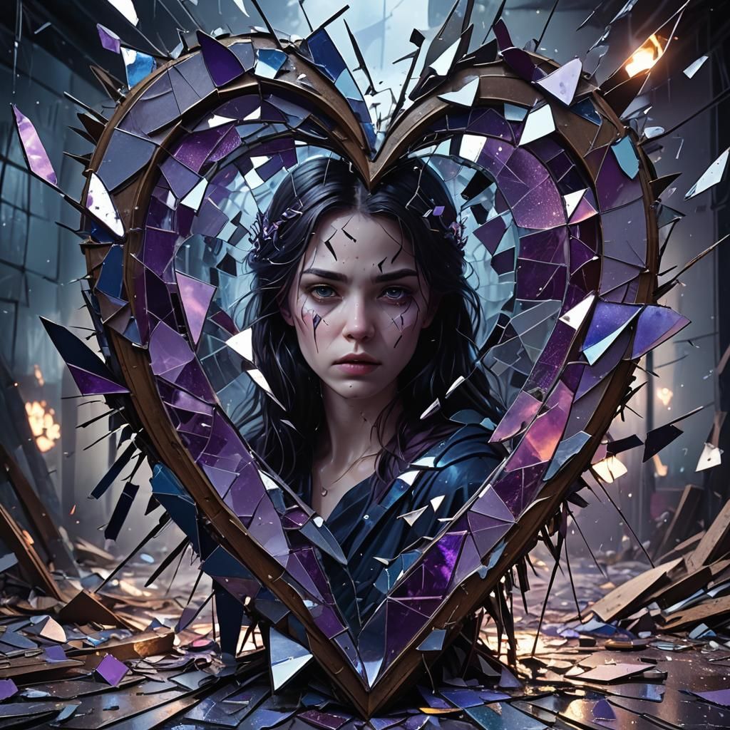 Shattered Mirror Reflecting Broken Heart in Deep Color