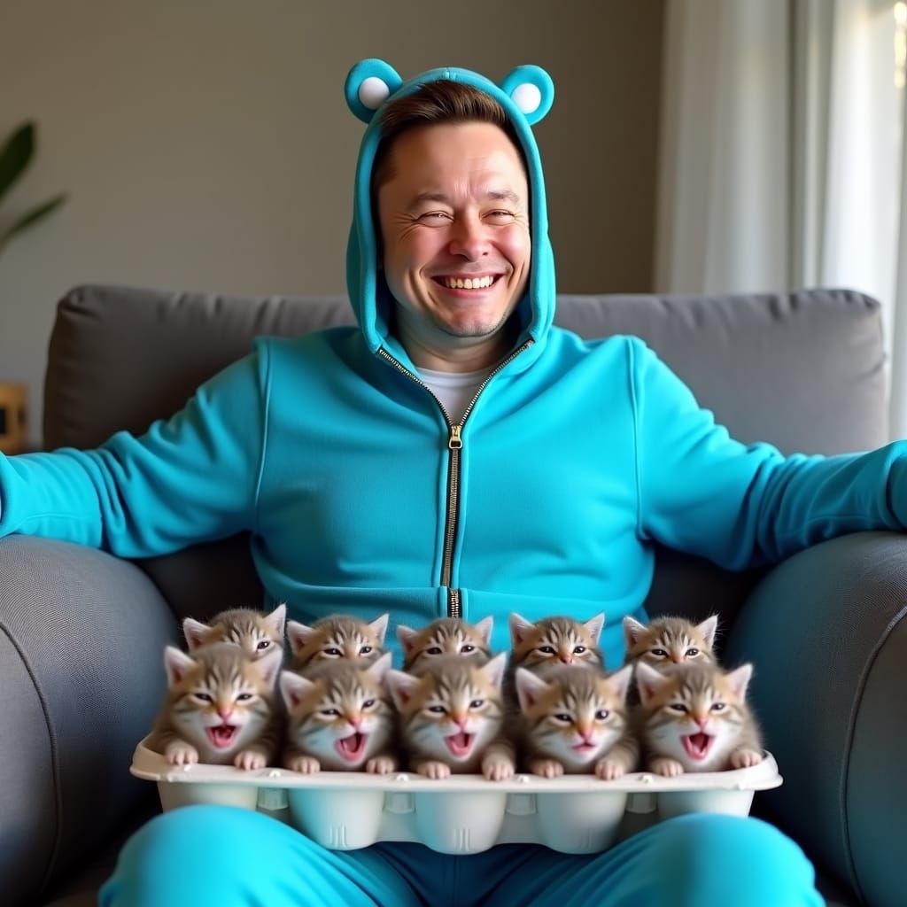 Elon Musk Surrounded by Crying Kittens, Photorealistic