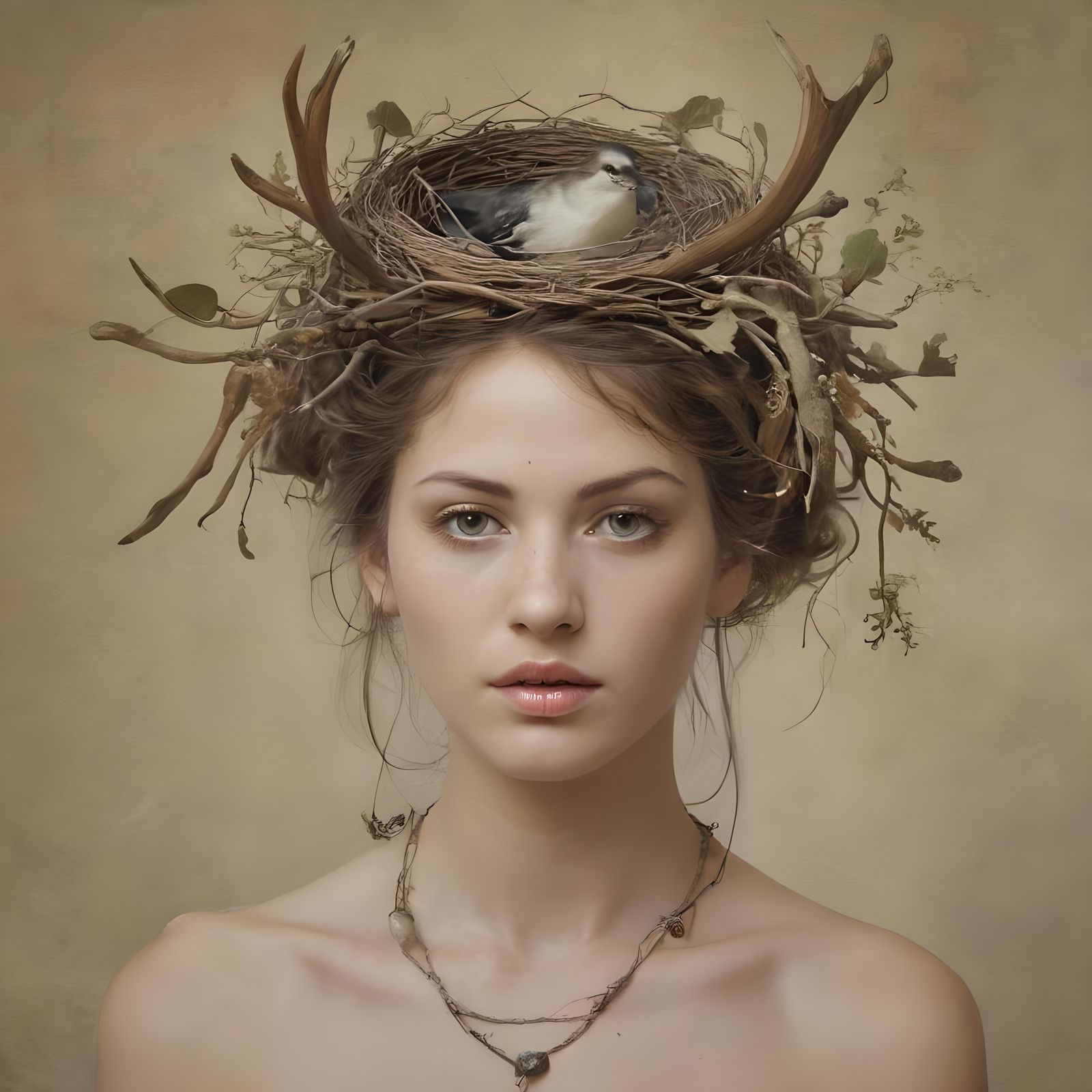 Goddess Portrait with Bird's Nest Antlers
