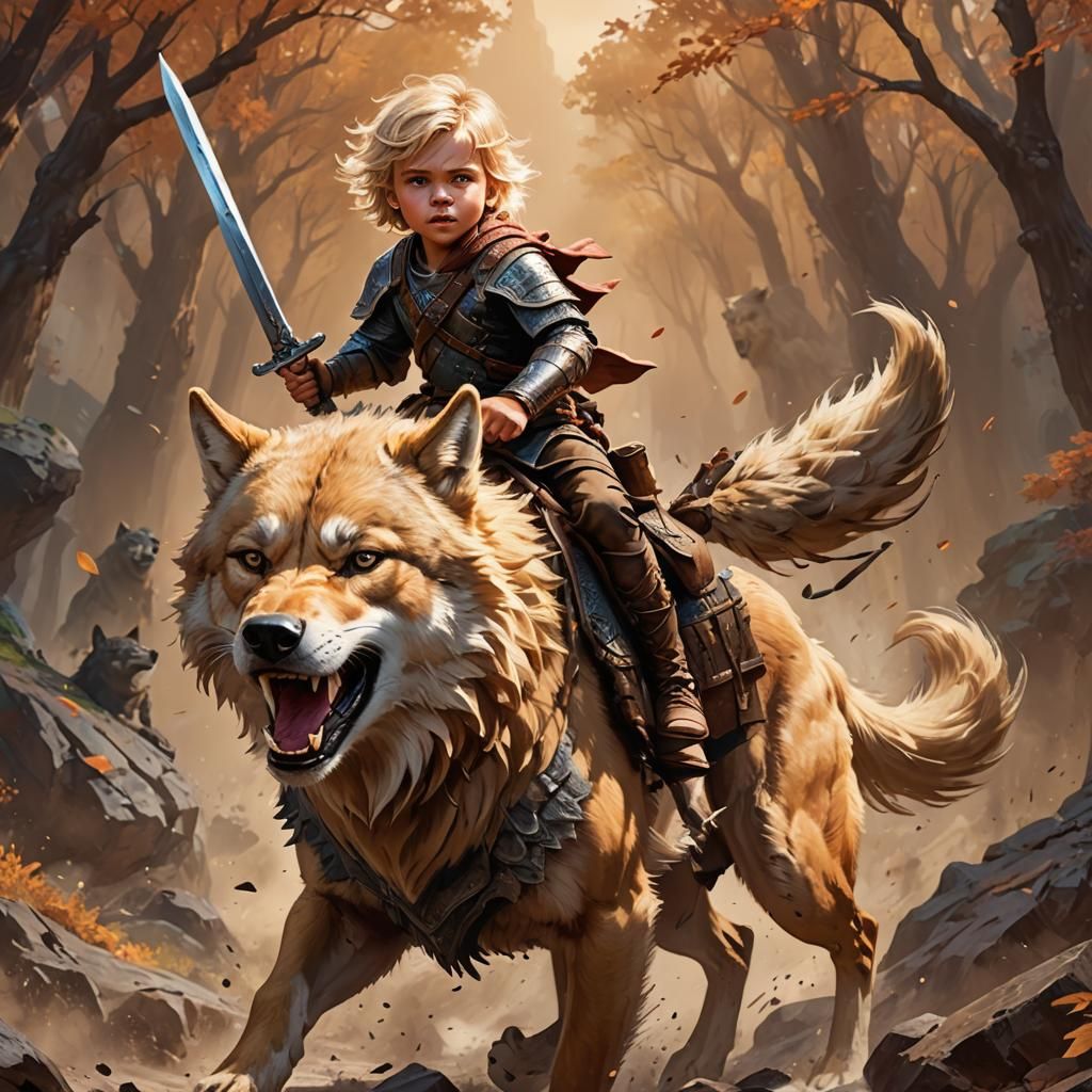 Hero Child Warrior on Wolf: Hyperrealistic Concept Art