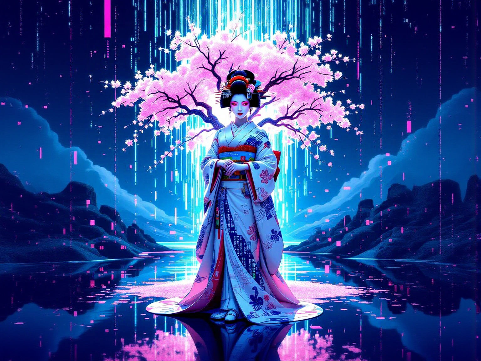 Digital Geisha in Binary Kimono Amidst Holographic Cherry Bl...