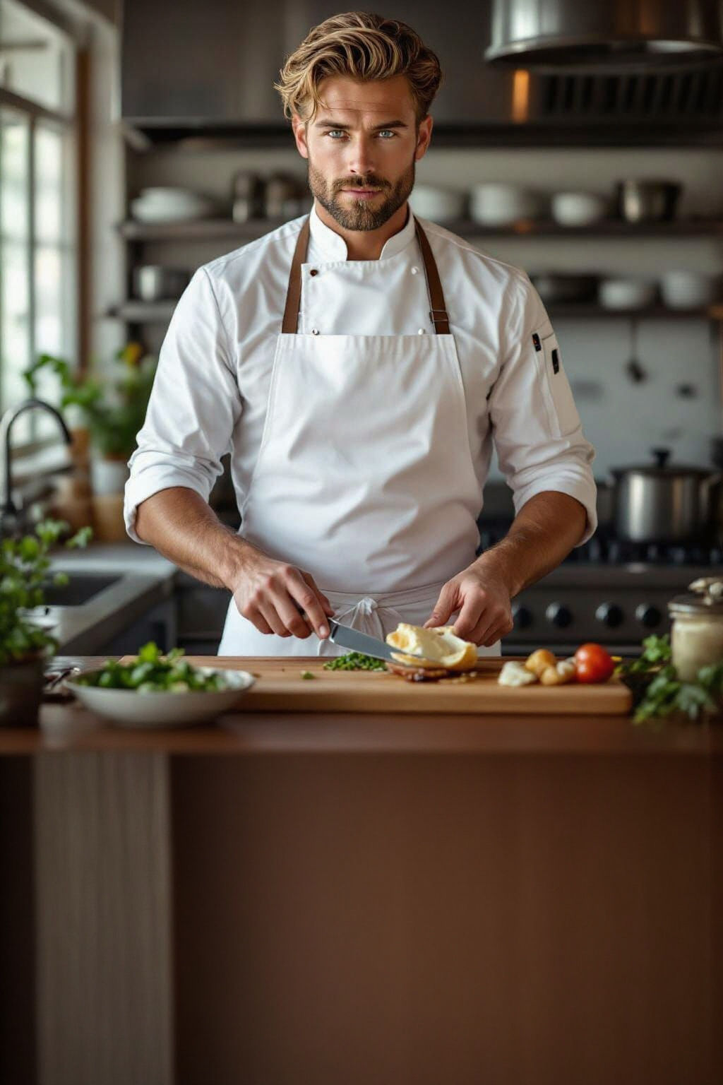 Handsome Chef Works in Lavish Kitchen