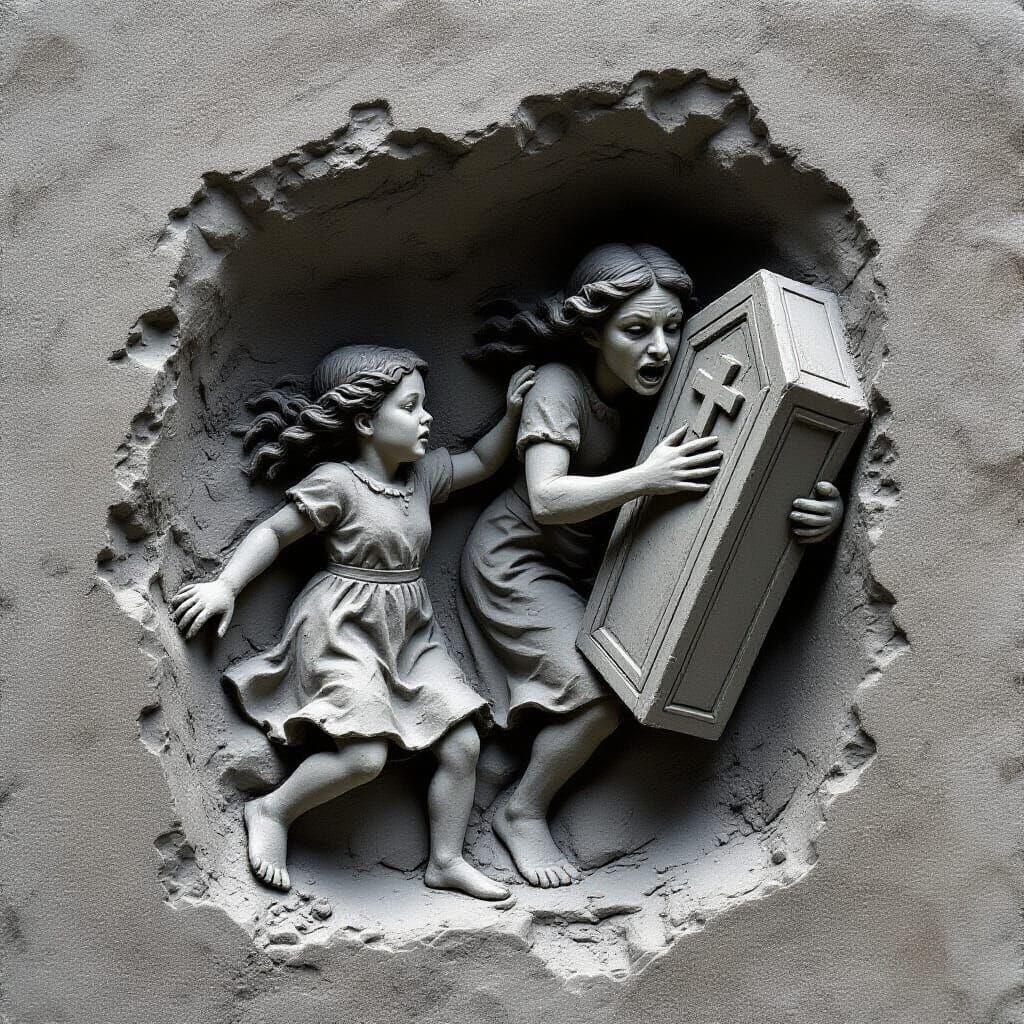 Girl Pursues Monster Through Forest: Clay Bas-Relief