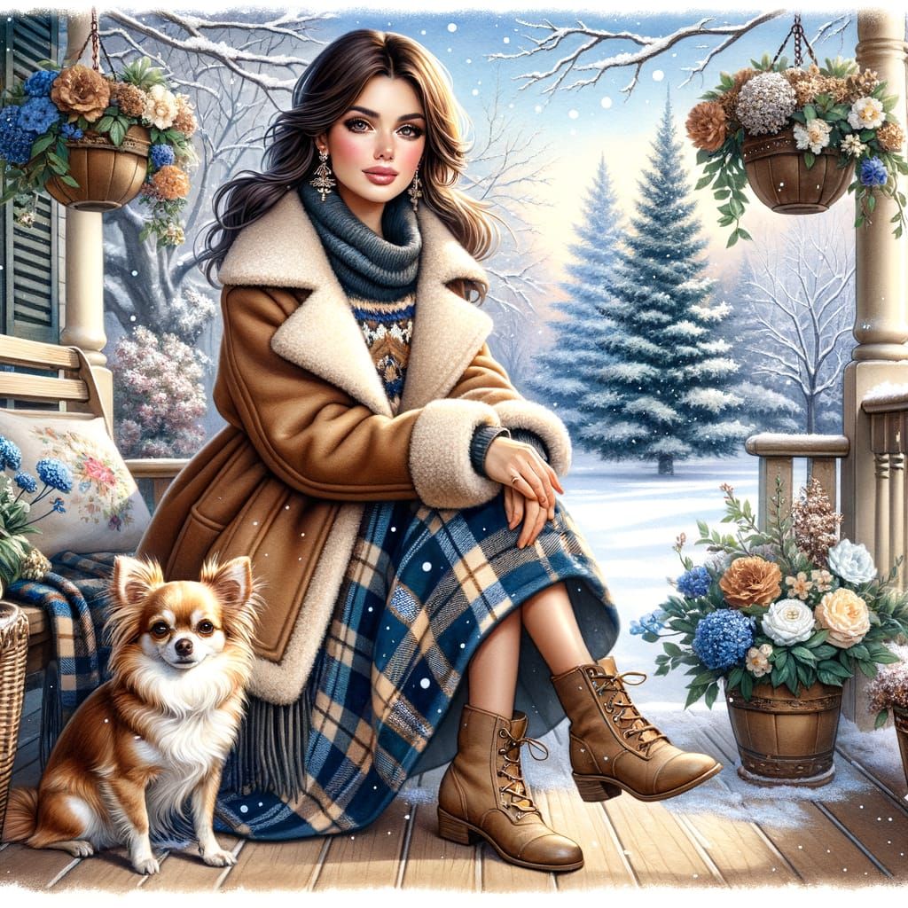 Enchanting Winter Scene with a Woman and Her Chihuahua