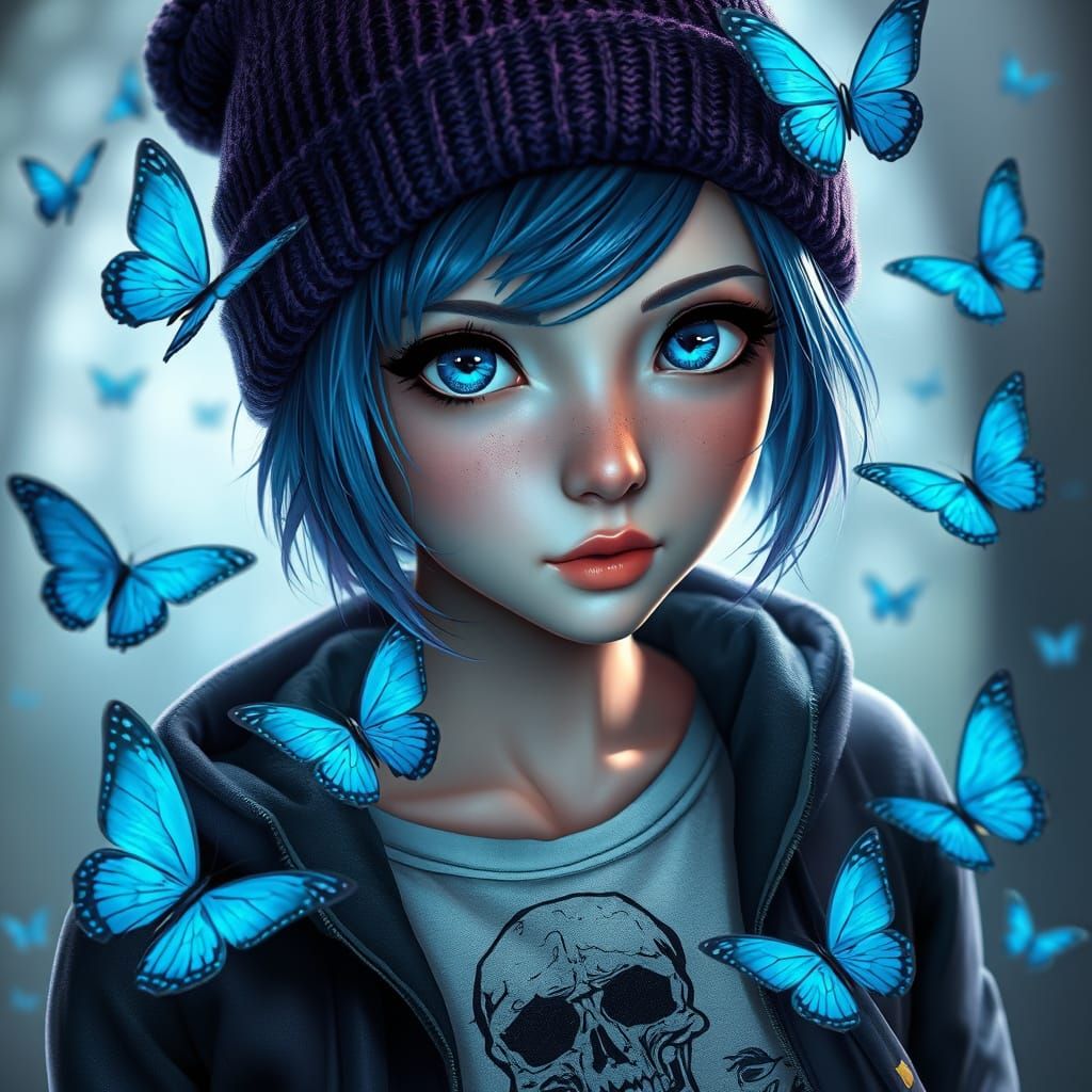 Ethereal Female with Blue Hair and Butterflies in Fantasy La...