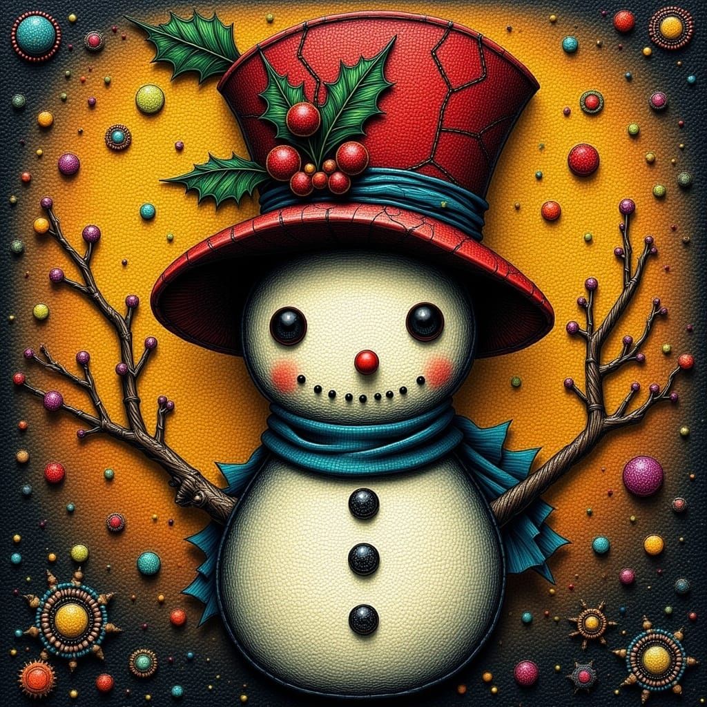 Surreal Snowman in Pointillism Style with Top Hat
