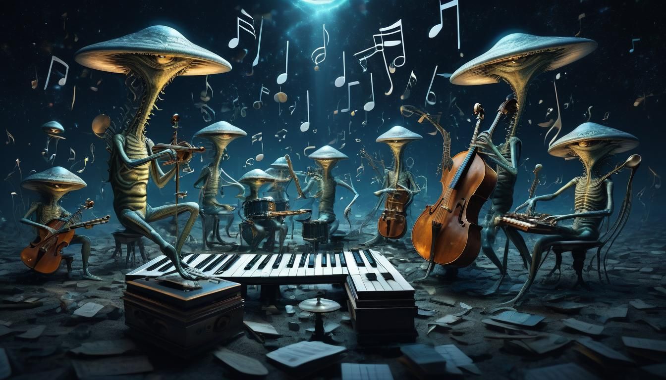 Dreamlike Scene with Alien Musicians Playing Hybrid Instrume...