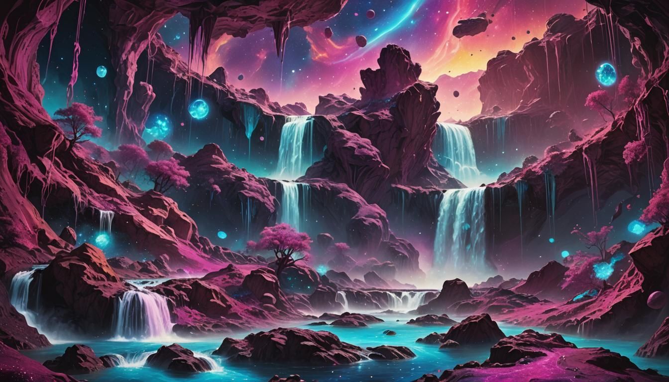 Cosmic Dreamscape: Waterfalls in Deep Space as Oil Painting