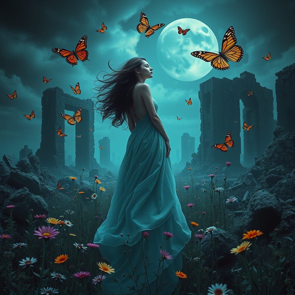 Post-Apocalyptic Woman with Butterflies and Flowers