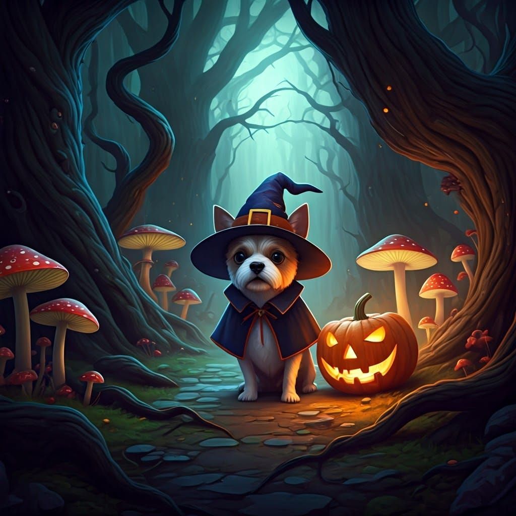 Dog in Witch Costume in Spooky Halloween Scene