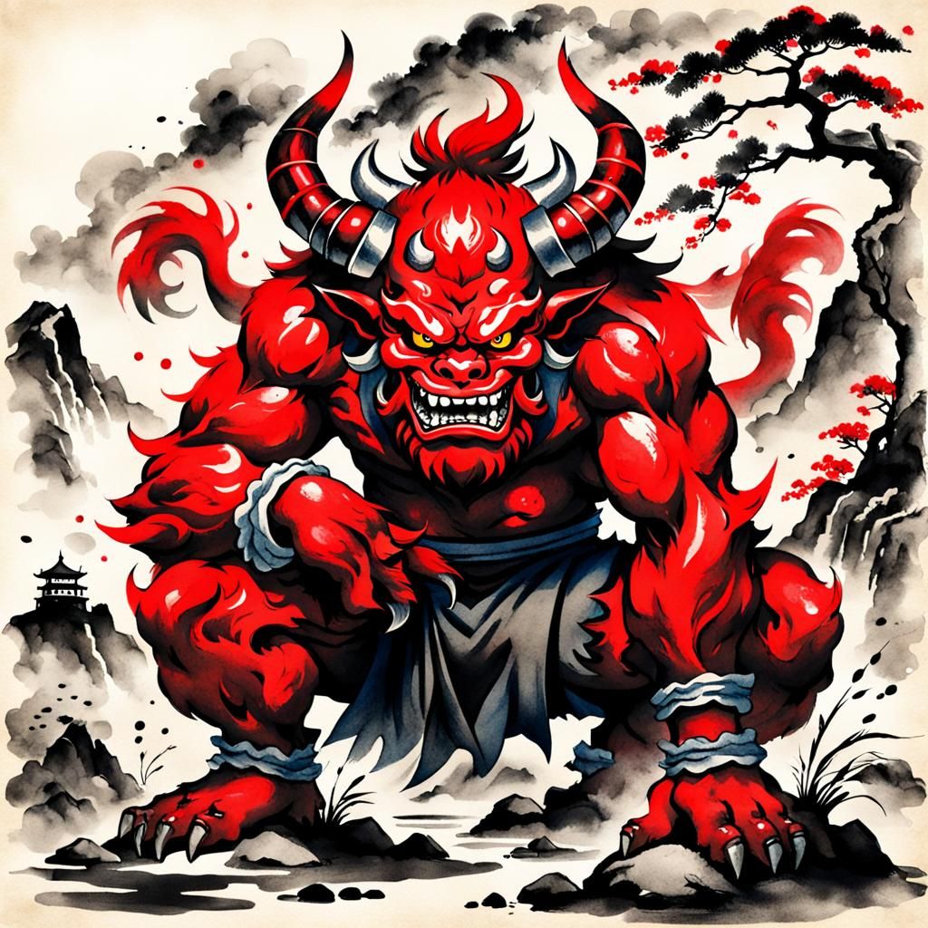 Red Oni in Sumi-e Style