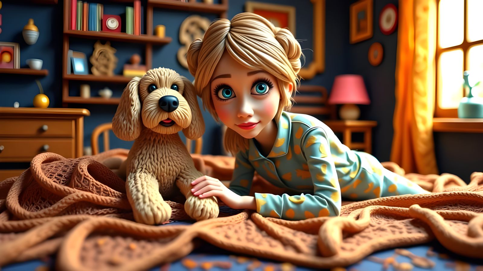 Claymation Woman and String Dog in Cozy Apartment