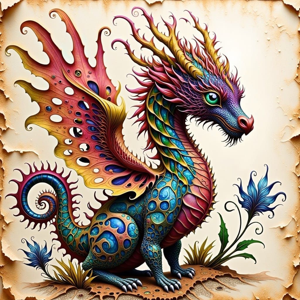 Intricate Dragon in Botanical Wonderland