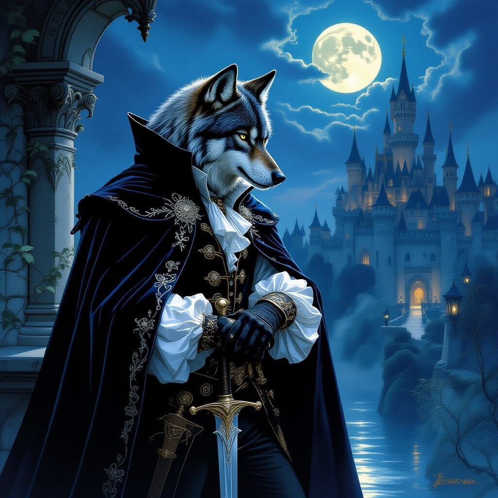 Wolf in Velvet Cloak Overlooking Moonlit Castle