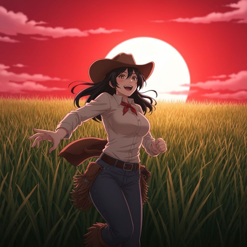 Cowgirl Shouts at Vibrant Red Sunset on Prairie