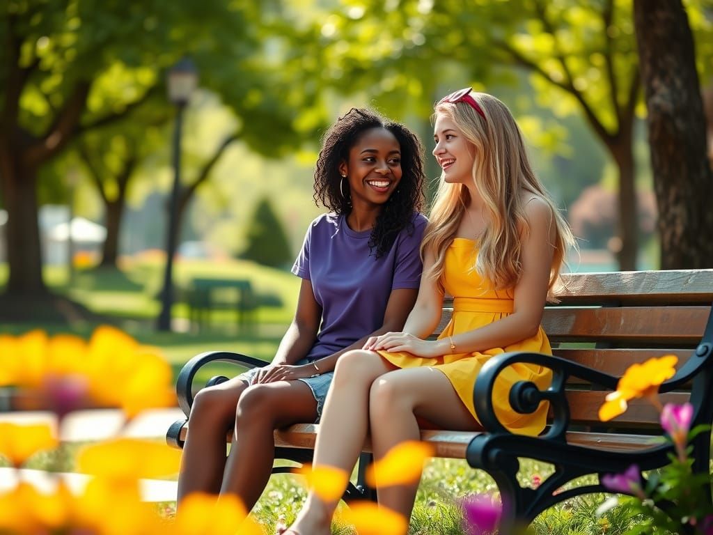 Teenage Girls Laughing in Sunny Park, Hyperrealistic Digital...
