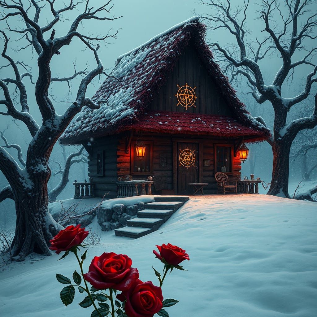 Ethereal Blood-Stained Cottage in Snowy Twilight