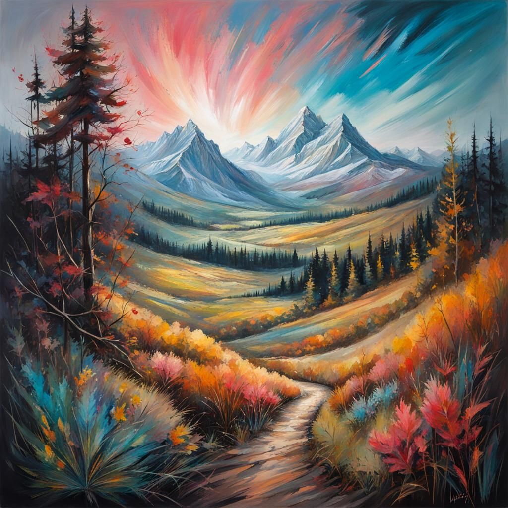 Chalk Art Landscape in Neo-Primitivism Style