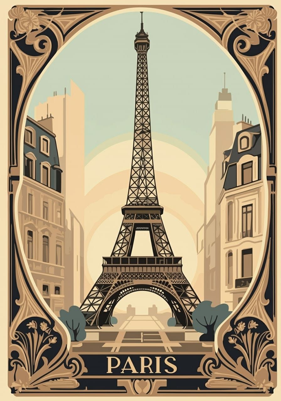 Elegant Art Deco Eiffel Tower Illustration in Vintage Style