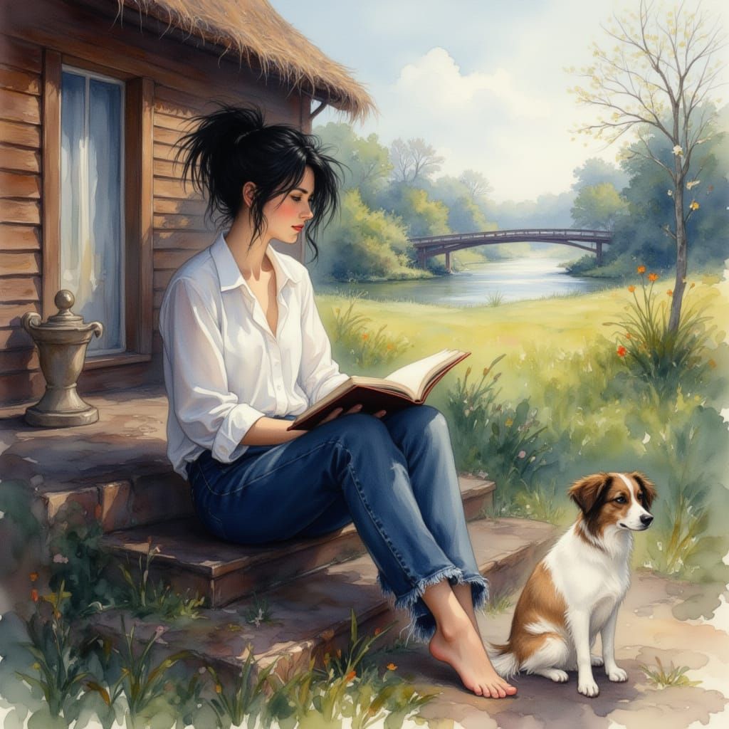 Woman Reading by River in Impressionistic Style