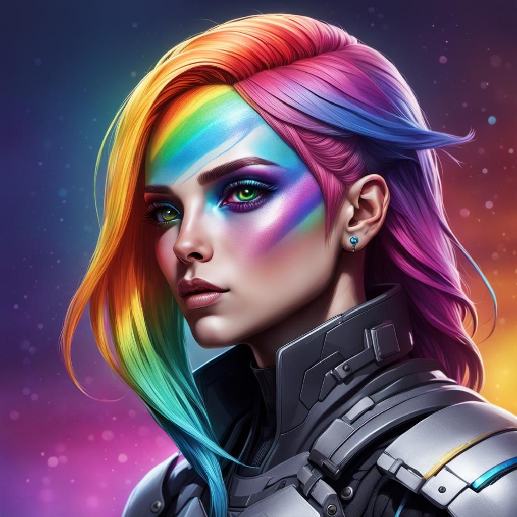 Hyperrealistic Quarian Female with Rainbow Hair