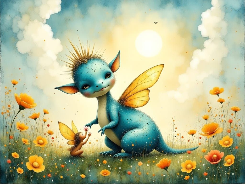 Fairy Dinosaur Plays in Vibrant Meadow