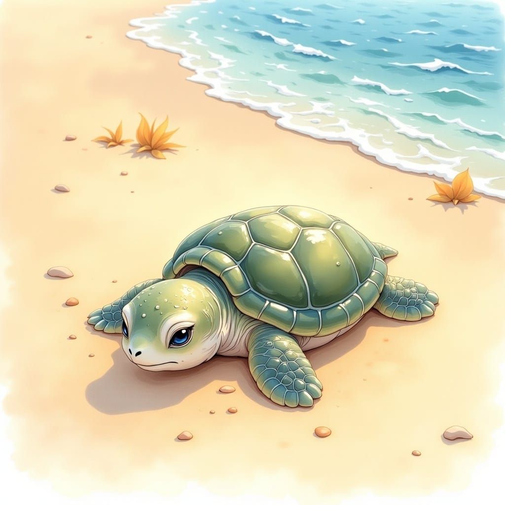Baby Sea Turtle on Sun-Kissed Beach, Watercolor Style