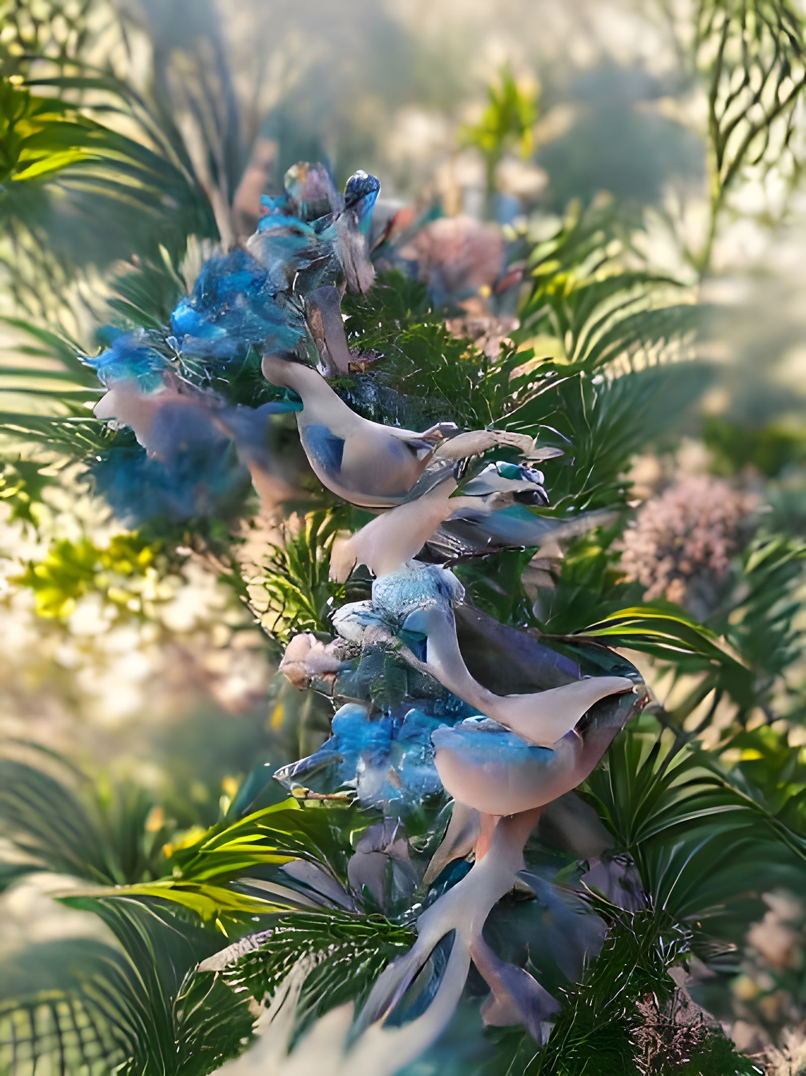 Blue Jays in Ethereal Dreamscape, Cel-Shaded Render