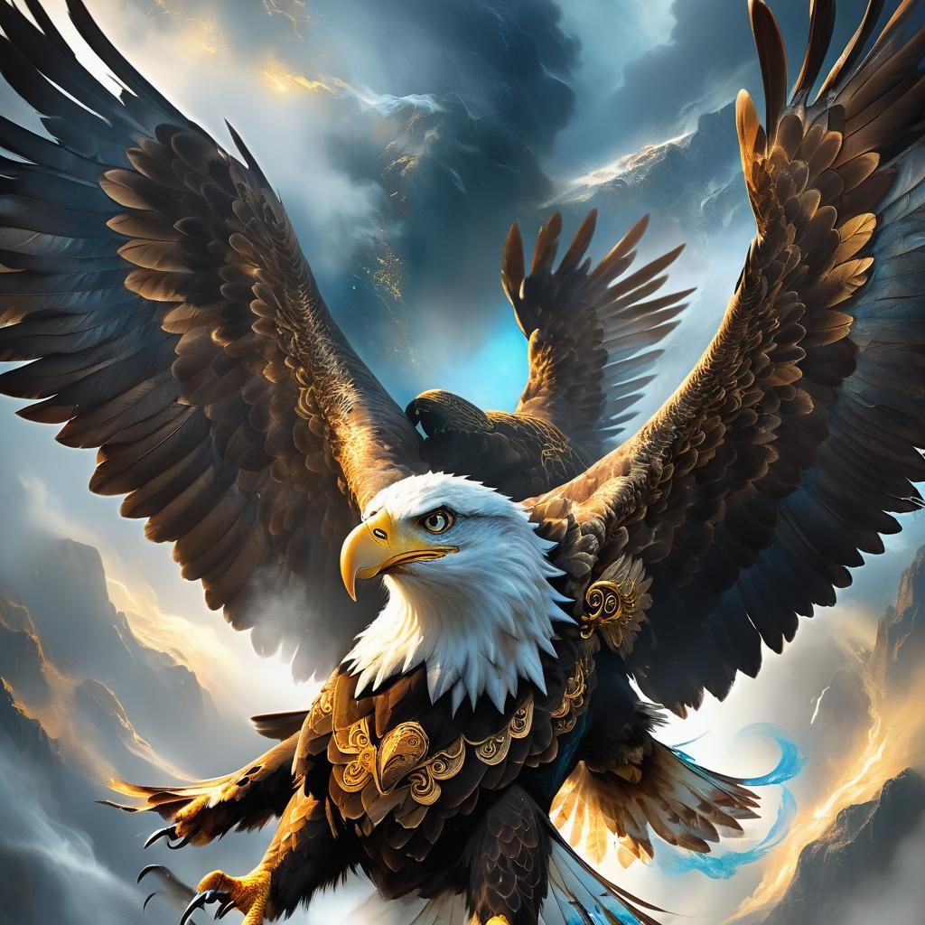 Eagle Envelops Rider in Dreamlike Dark Fantasy Art