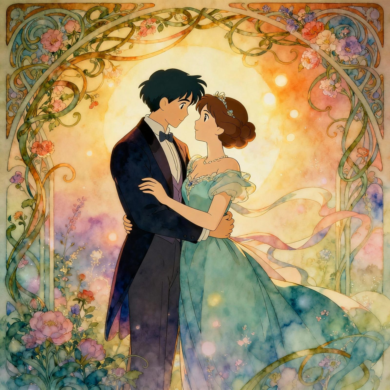 Romantic Couple Embracing in Art Nouveau Style