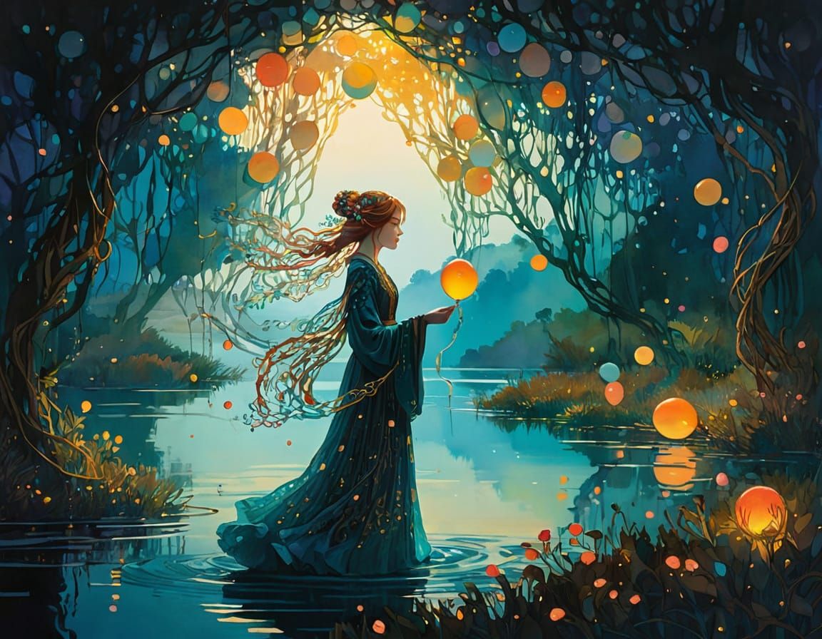 Balloons on Misty Lake in Ethereal Style