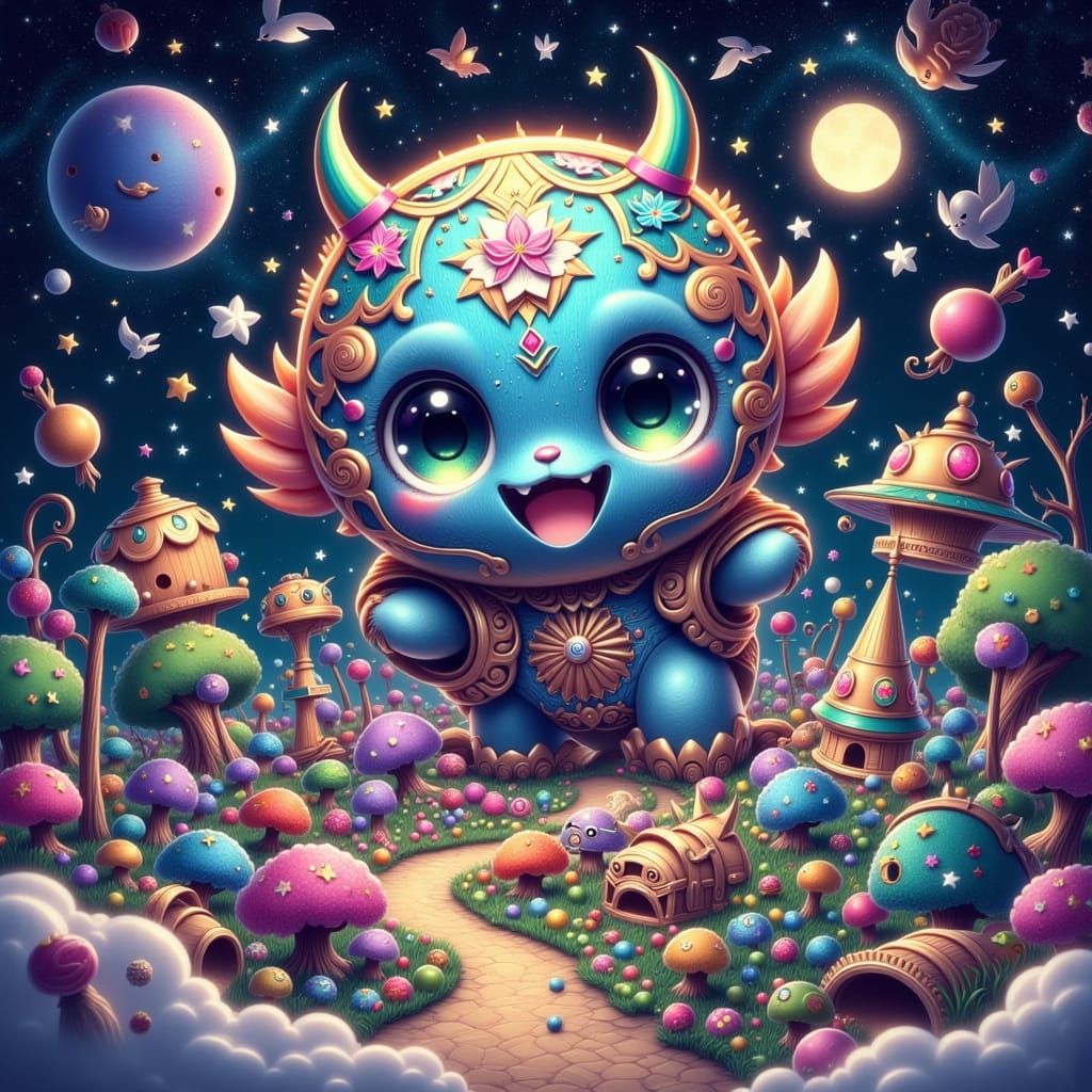 Whimsical Japanese Garden Scene with Cute Ghosts