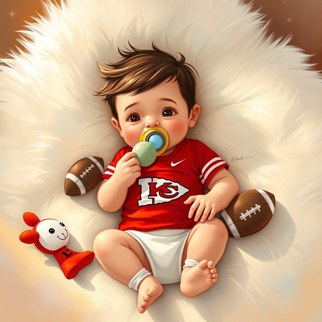 Charming Football Baby with Pacifier in Norman Rockwell Styl...
