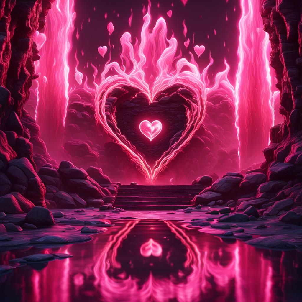 Pink Flaming Hearts 3D Illusion in Fantasy Art