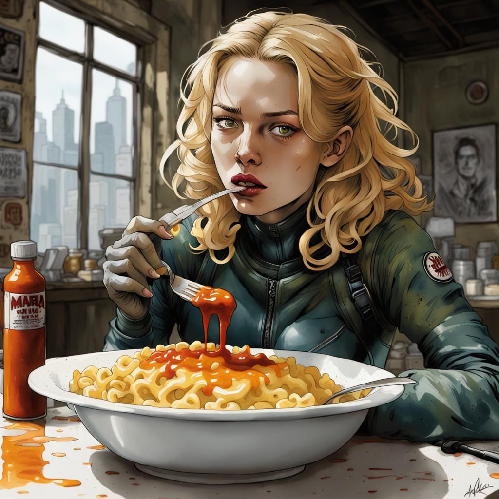 Yelena Belova eating macaroni with hot sauce