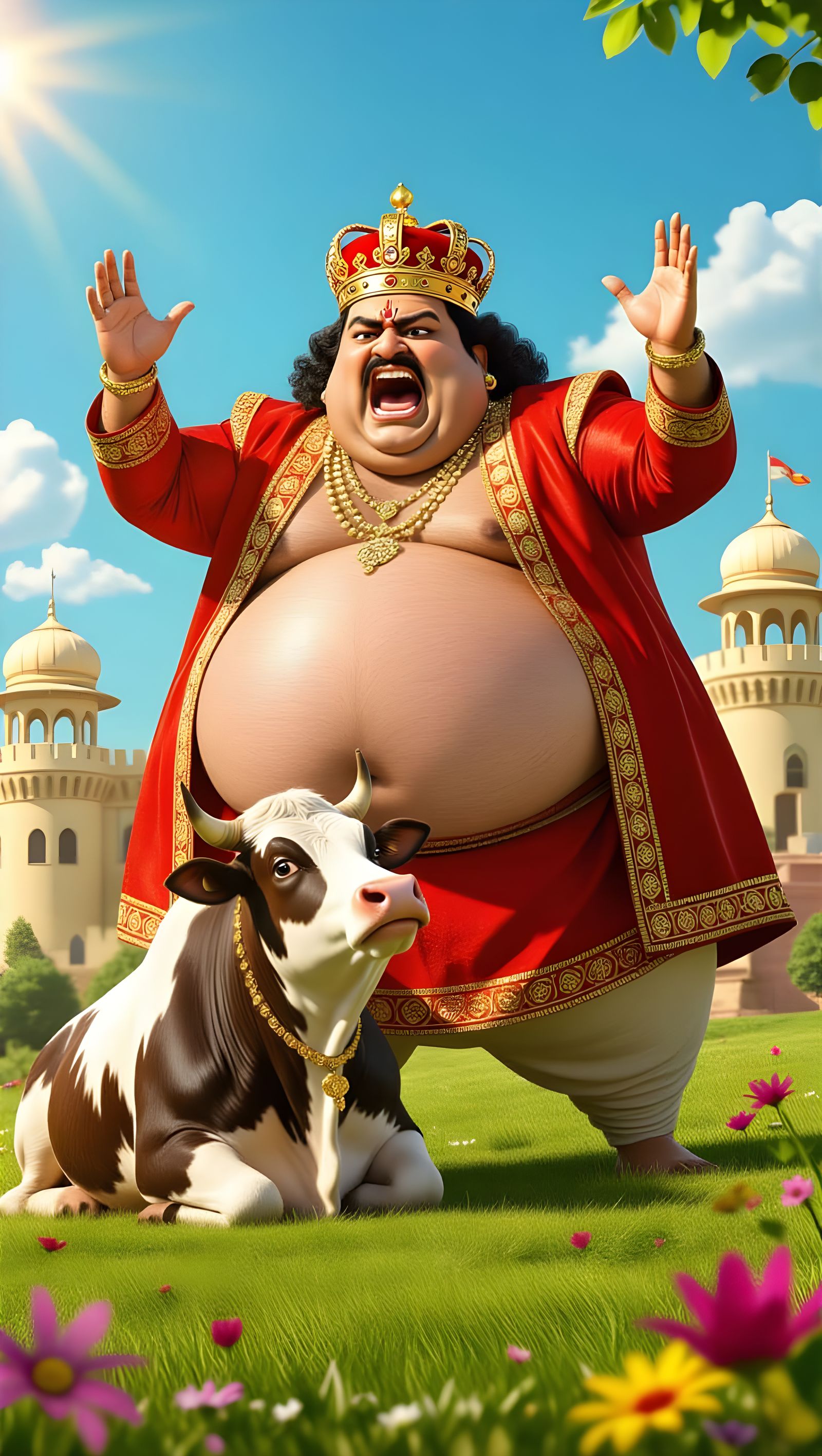 Oversized Indian King Yells at Majestic Cow in Colorful Fiel...