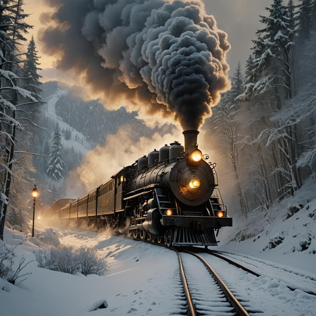 Steam Train Through Snowy Mountain Pass