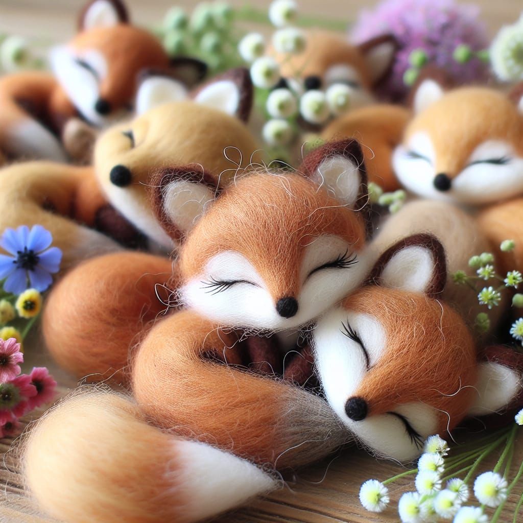 Charming Felted Foxes Sleeping Peacefully Among Wildflowers