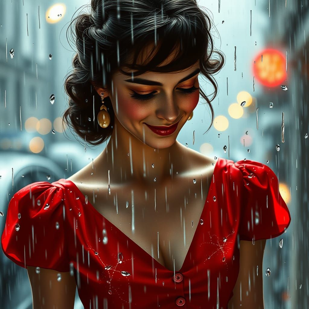 Joyful Woman in Rain, Vector Fractal Illustration