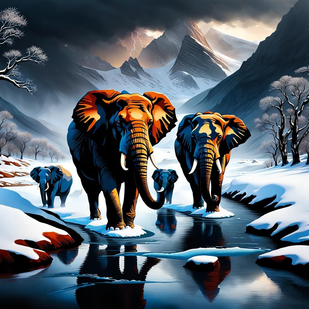 elephants crossing a snowy mountain