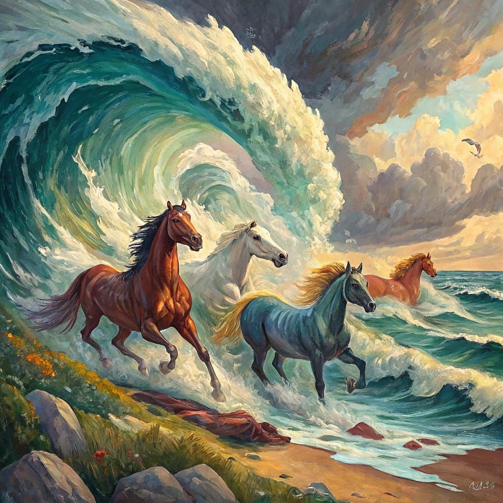 Epic Horses in Vibrant Gouache Masterpiece