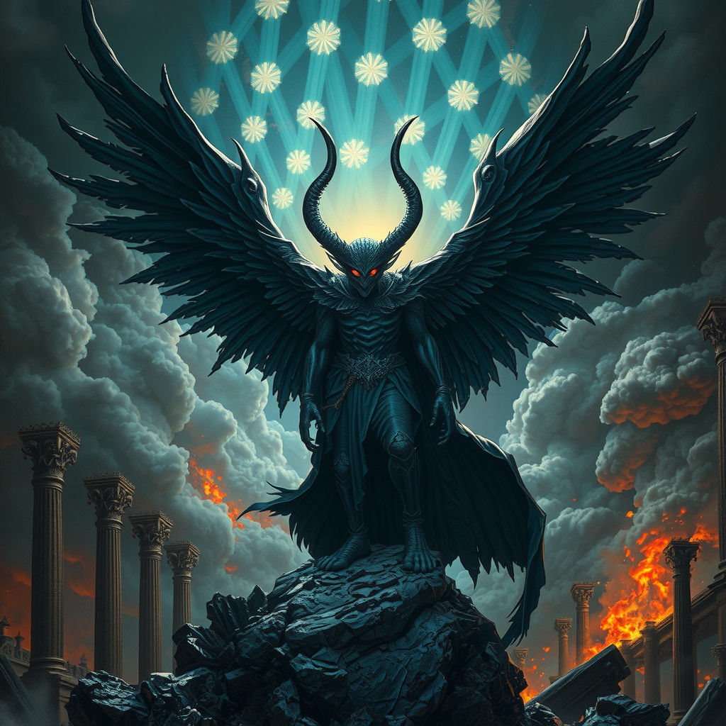 Fallen Angel Lucifer Atop Ruined Heaven in Dark Fantasy Styl...