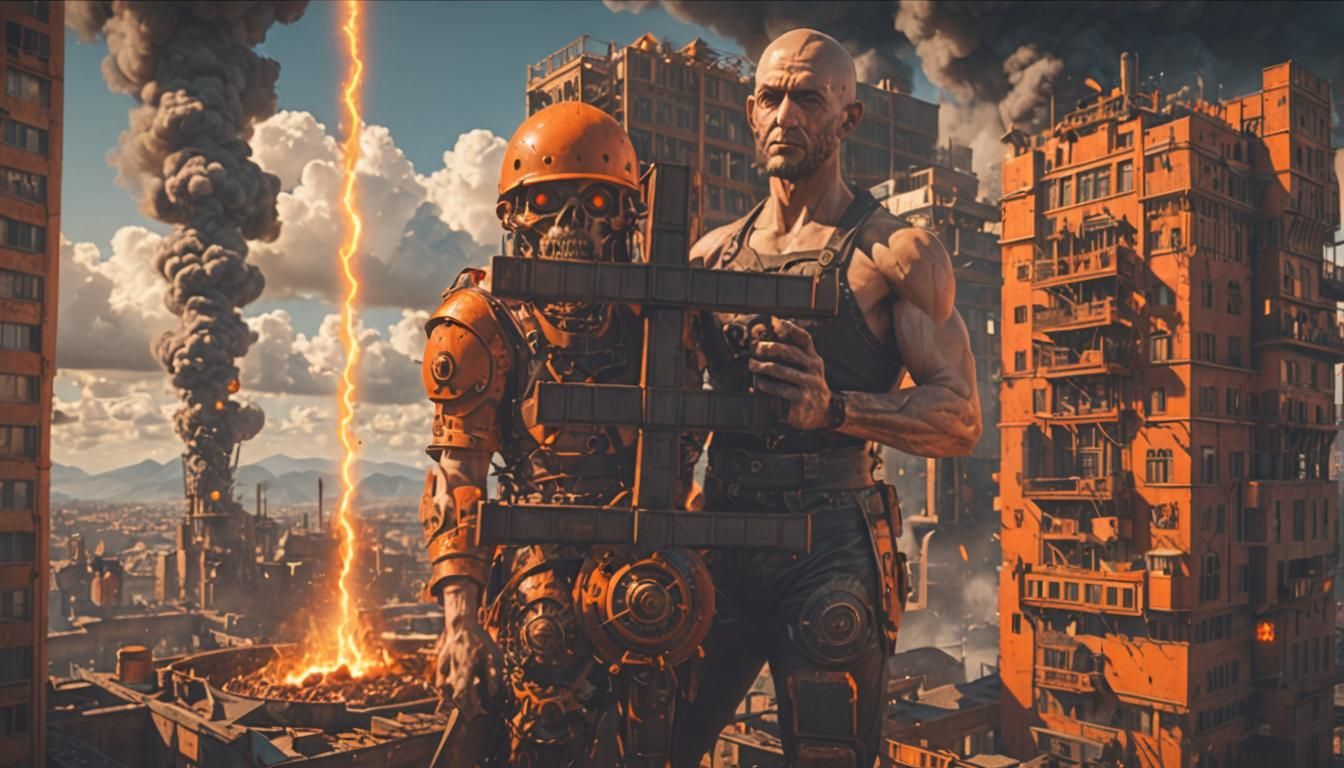 Apocalyptic Meat Factory with Orange Sun, Digital Art