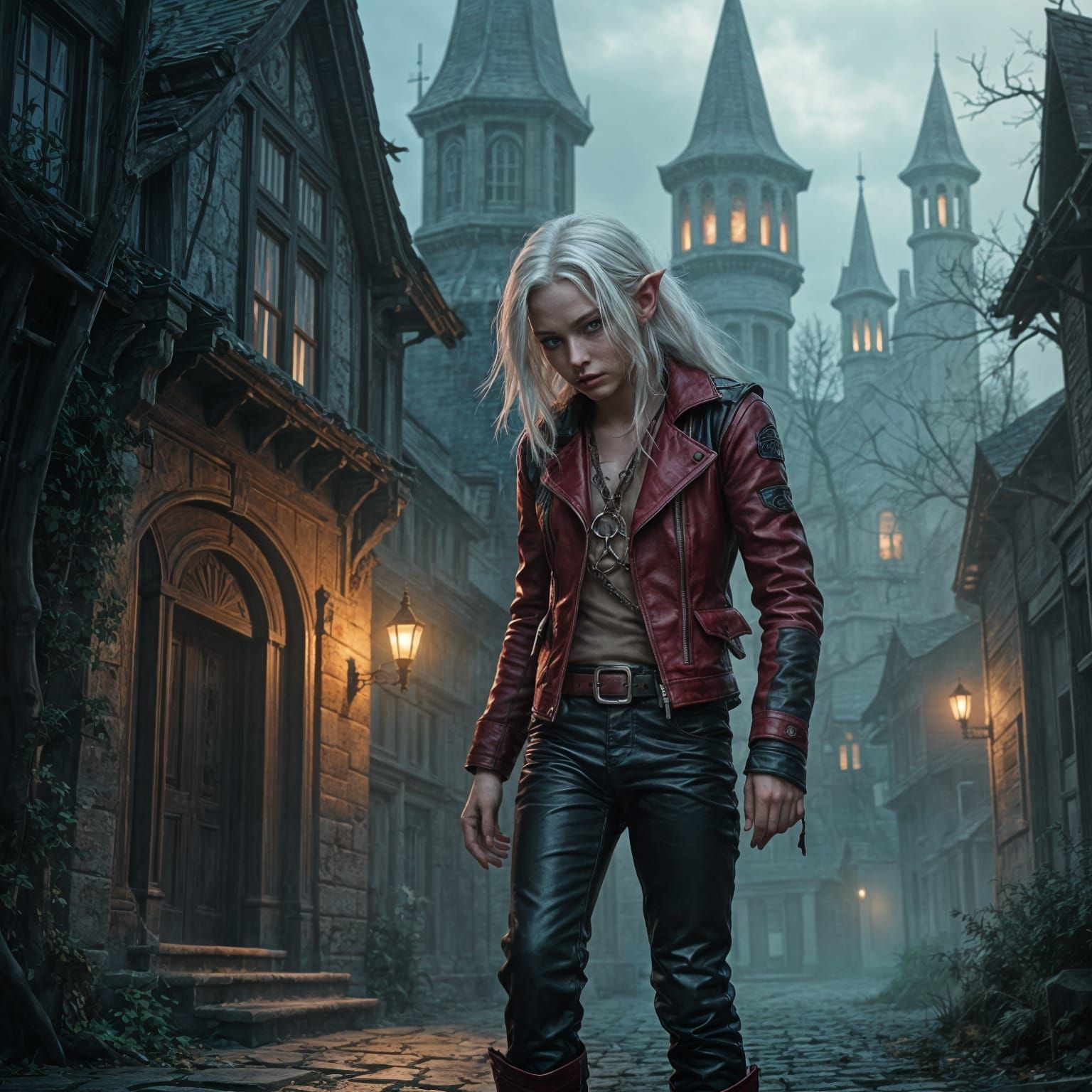 Elf Roaming in Twilight Town in Dark Fantasy Style