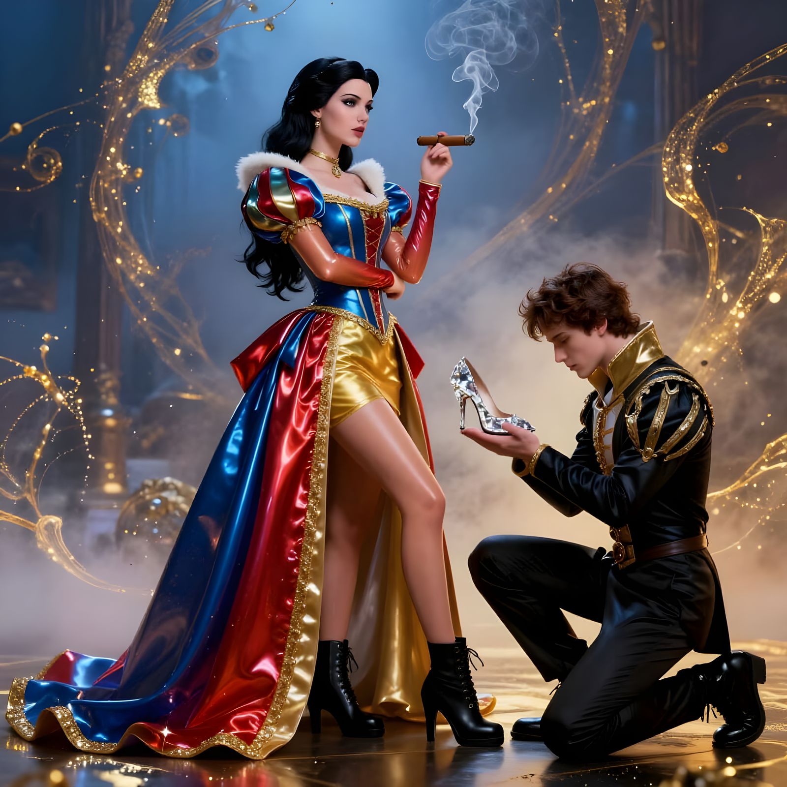 Disney Princess Style Woman with Cigar in Latex Dress